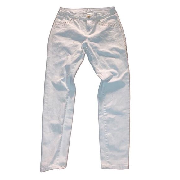 Y2K Masseys Size 10 White Gold Embellished Bedazzled Side Stripe Jeans - Picture 1 of 4